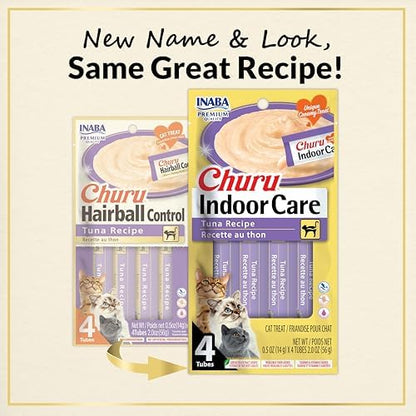 INABA Churu for Cats, Functional, Creamy Lickable Purée Cat Treat for Indoor Care and Hairball Control with Taurine & Vitamin E, 0.5 Ounces Each, 48 Tubes (4 per Pack), Tuna Recipe