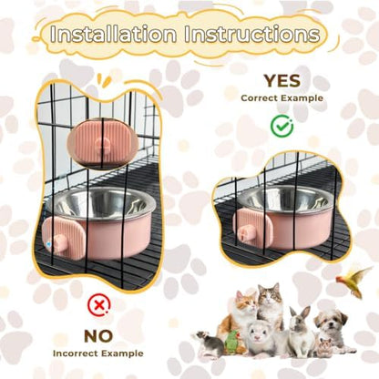 2Pcs Pets Lightweight Stainless Steel Bowl,Removable Stainless Steel Pet Hanging Food Water Feeder Bowl for Puppy Dog Cat Rabbit Ferret Bird Gunea Pigs (Pink-Small)