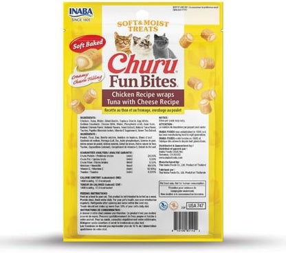 INABA Churu Fun Bites for Cats, Soft & Chewy Baked Chicken Wrapped Filled Cat Treats with Taurine, 0.42 Ounces Each Tetra, 3 Tetras, Tuna with Cheese Recipe
