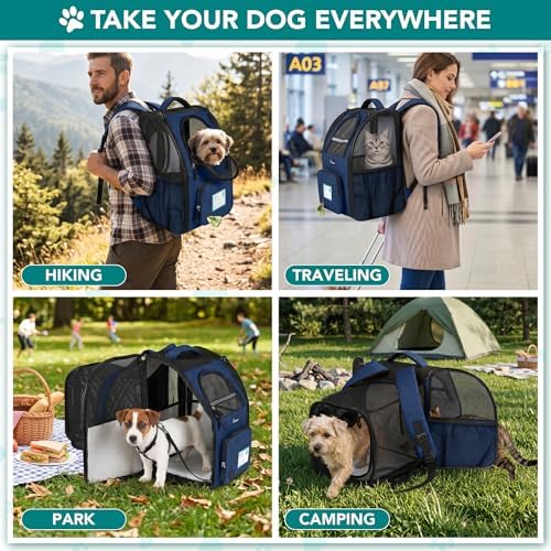 PetAmi Expandable Dog Backpack Carrier for Cats & Pets, Breathable Cat Carrier Backpack with Top Window & Multi-Entry, Ventilated Foldable Travel Carrier for Small Medium Pets up to 18 lbs, Navy