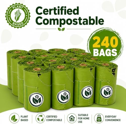 Certified Compostable Handle-Tie Dog Waste Bags (240 Bags), 16 Refill Rolls, Plant-Based Cornstarch, ASTM D6400 & EN 13432, TÜV OK Compost HOME Certified
