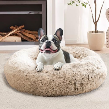 JOLLYVOGUE Calming Dog Bed Medium Size Dog, Anti-Anxiety Donut Medium Pet Bed, 27 inches Fluffy Faux Fur Round Cat Bed (Cream Brown)