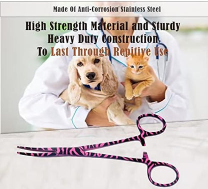 Dog Pet Ear/Nose Hair Puller Grooming Hemostat Locking Forceps Curved Pliers, 5.5" (14cm) Full Serrated Clamps Stainless Steel (Pink Candy Swirls)
