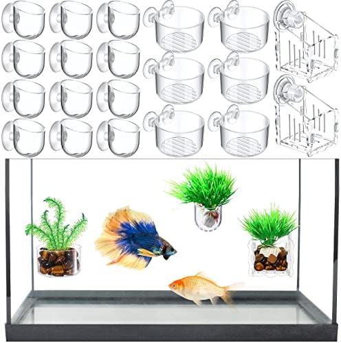 Potchen 20 Pcs Aquarium Plant Holder with Hole Transparent Acrylic Suction Cup Aquarium Aquatic Planter Cups Fish Tank Aquascape Decoration, 3 Shapes