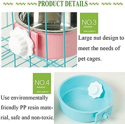 kathson Crate Dog Bowl, Removable Stainless Steel Hanging Pet Cage Bowl Food & Water Feeder Coop Cup for Cat, Puppy, Birds, Rats, Guinea Pigs 4pcs(2×Blue,1×Pink,1×Green)
