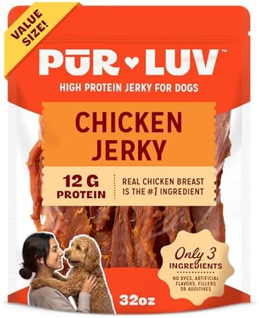 Pur Luv Chicken Jerky Dog Treats, Made with 100% Real Chicken Breast, 32 Ounces, Healthy, Easily Digestible, Long-Lasting, High Protein, Satisfies Dog's Urge to Chew