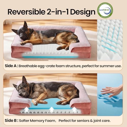 OhGeni Orthopedic Extra Large Dog Bed Couch, Memory Foam, 44-inch (Pink)