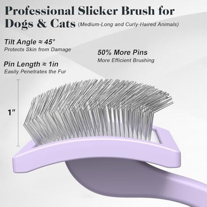 2PCS Slicker Brush for Dogs & Pet Comb,Professional Dog Grooming Brush (Goldendoodles,Poodles,Labradoodles) with Extra Long Pins to Effectively Remove Tangles, Knots and Mats (Light Purple, Large)