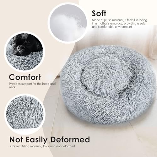 28in Large Dog Bed, Calming Donut Bed for Puppy and Kitten (Light Grey)