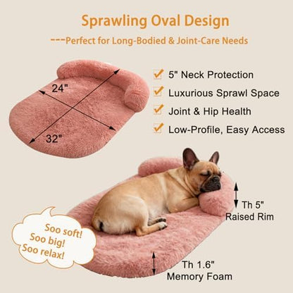 Orthopedic Dog Bed with Egg-Crate Base, Calming Dog Beds Fluffy Plush Faux Fur with Raised Edges, Spine Friendly Pet Sleeping Mat for Medium Large Dogs, Easy Wash (Oval, Blush Pink 32"x24")