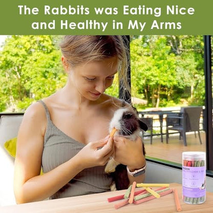 ERKOON 120Pcs Rabbit Timothy Hay Sticks, Five Flavors：PurplePotato/TimothyHay/Pumpkin/Strawberry/Carrot，Suitable Guinea Pig, Hamste, Gerbil, Chinchilla Treats, Chew Toys for Teeth for Bunnies