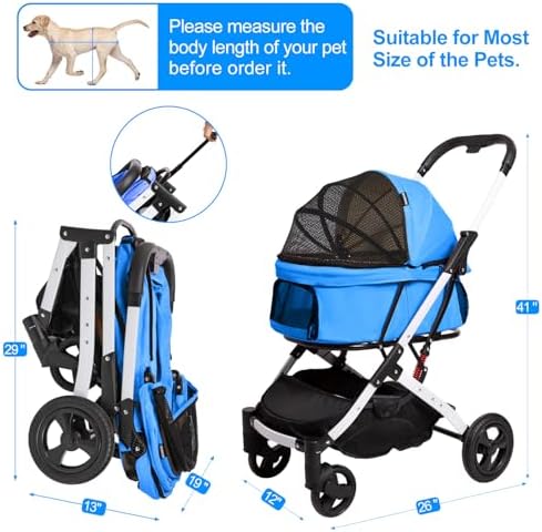 Pet Stroller for Small Dogs and Cats, 33 lb, One-Hand Fold, Blue