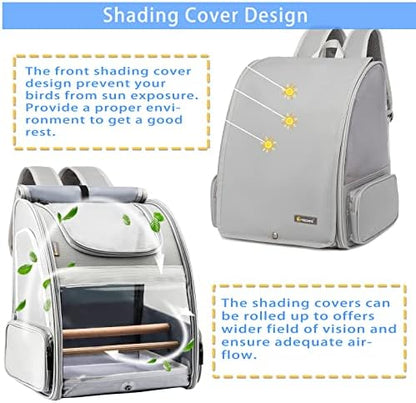 Texsens Bird Carrier Backpack - Pet Travel Cage with Upgraded Tray and Standing Perches, Breathable & Portable, for Small Birds, Green Cheek, Cockatiel, Parrot (Grey)