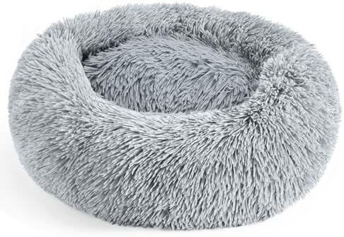 28in Large Dog Bed, Calming Donut Bed for Puppy and Kitten (Light Grey)