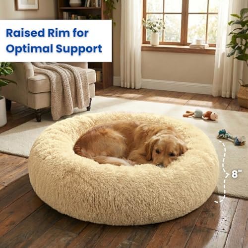 Calming Donut Dog Bed – Faux Fur Anti-Anxiety Pet Bed with Removable Washable Cover & Water-Resistant Liner – Plush Fluffy Round Nest, Non-Slip Bottom for Dogs & Cats – Small, Beige