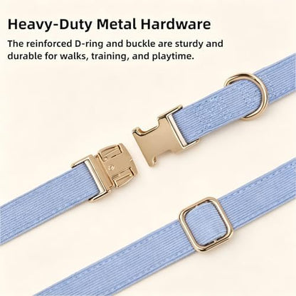 Sky Blue Soft Corduroy Dog Collar with Gold Metal Buckle, Adjustable Soft Pet Collar for Large Dogs, Comfortable & Durable(Sky Blue,Large:17-26")