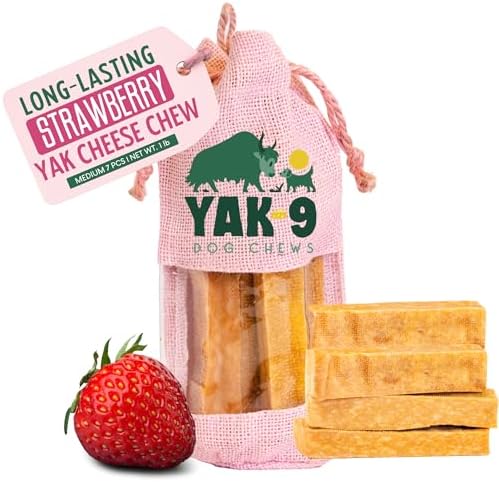 Yak9 Strawberry Yak Cheese Chews for Dogs, Medium 2.3 Oz | High Protein, Non Rawhide Dog Chews Long Lasting | Non GMO, Gluten Free, Grain Free Himalayan Yak Milk Dog Chew | 7 Pieces, 1LB