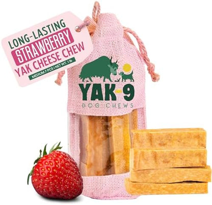 Yak9 Strawberry Yak Cheese Chews for Dogs, Medium 2.3 Oz | High Protein, Non Rawhide Dog Chews Long Lasting | Non GMO, Gluten Free, Grain Free Himalayan Yak Milk Dog Chew | 7 Pieces, 1LB