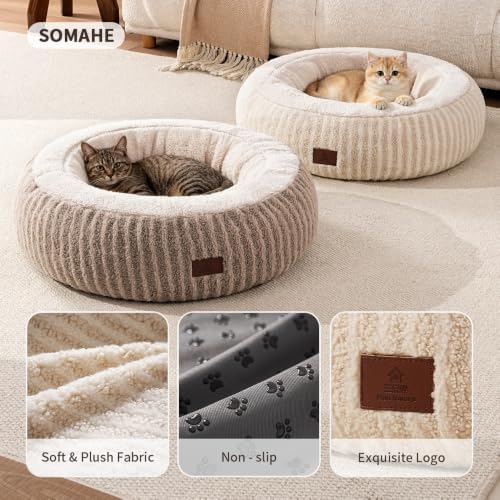 SOMAHE Donut Cat Bed, 25.6" Deep Bolster, Moon Velvet & Sherpa, Apricot