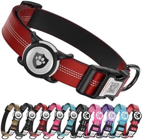 Waterproof AirTag Dog Collar with QR Code Dog Tag, Burgundy S