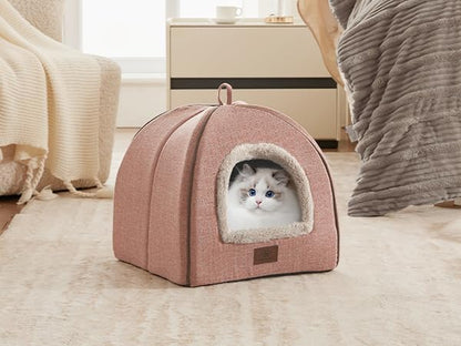 WINDRACING Cat Beds for Indoor Cats, 2-in-1 Cat Bed Cave with Anti-Slip Bottom, Cozy Cats House Tent Suitable for All Seasons, for Medium & Large-Sized Pets Light Pink, L(17.5 X 17.5 X 17.5 Inch)