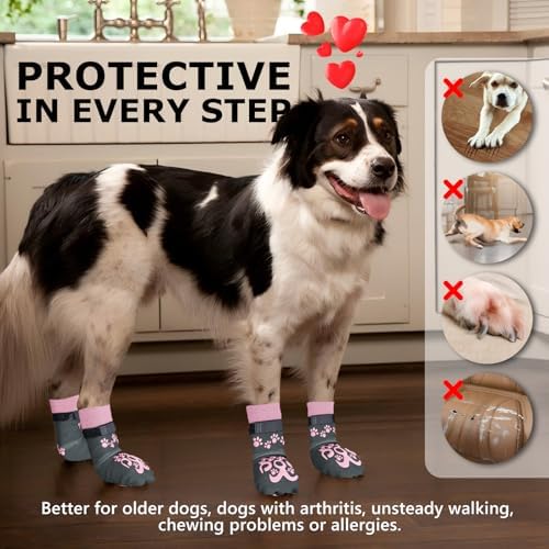 8Pcs Dog Non Slip Sock - Double Side Dog Booties to Prevent Licking, Pet Socks, No Twist Grippy Socks for Dogs, Dark Grey and Pink, M