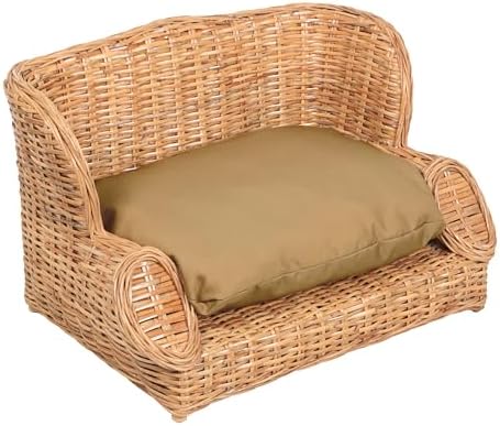 DBD1004B Handwoven Water Hyacinth Pet Daybed with Machine-Washable Cushion, 27.5" x 18" Wicker Sofa for Small to Medium Dogs and Cats, Vintage Style Elevated Pet Bed, Light Brown