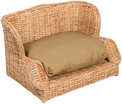 DBD1004B Handwoven Water Hyacinth Pet Daybed with Machine-Washable Cushion, 27.5" x 18" Wicker Sofa for Small to Medium Dogs and Cats, Vintage Style Elevated Pet Bed, Light Brown