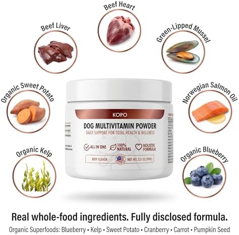 Kopo Dog Multivitamin Powder | Supports Heart, Daily Vitality, Immunity, Digestion, Skin & Coat and Hip & Joint | Dog Vitamins from Real Foods | Beef Flavor | All Breeds | Made in USA | 66 Scoops
