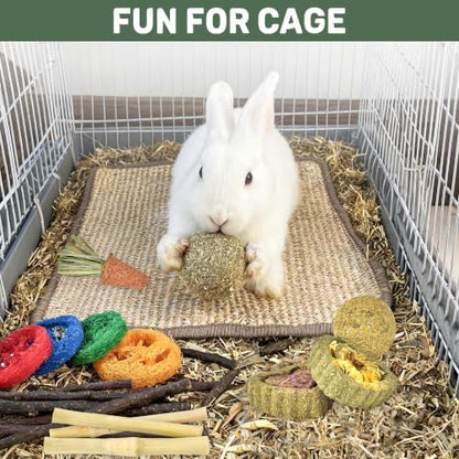 LECHONG Rabbit Toys, Natural Bunny Chew Toys with Sisal Scratch Nesting Mats Pads, Enrichment Toys for Bunnies Boredom, Suitable for Rabbits, Guinea Pigs, Chinchilla Hutch Cage Indoor Outdoor Use