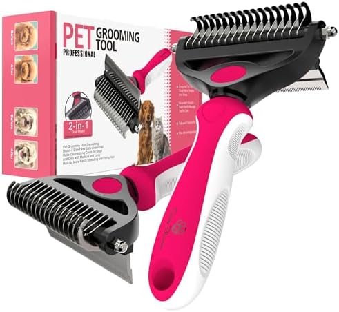Spring Blossoms-2 in 1 Professional Grooming Rake for Cats & Dogs-Dematting Comb for Easy Mats & Tangles Removing,Pet Brush Safe No More Nasty Shedding and Flying Hair (Rose)
