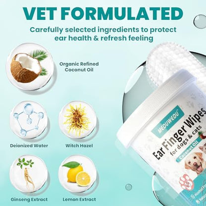 MEDUWEDU Wider Ear Cleaner Finger Wipes 60 Counts, Dog Ear Cleaner, Grooming Kit Care for Dogs and Cats,Otic Cleaning Pads, Remove Wax, Dirt & Stop Smelly, Itchy, Non-Irritating, Coconut Scent