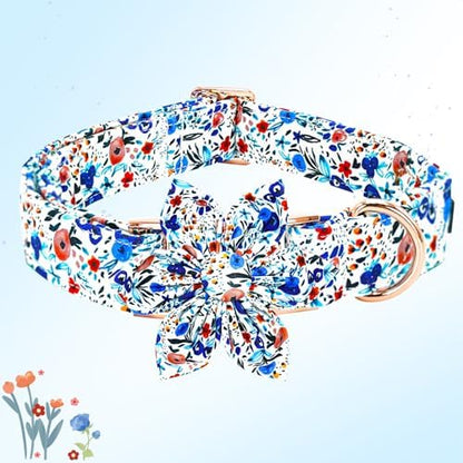 Dog Collar-Flower Print Adjustable Cute Pet Collar Soft Blue Floral Dog Collars with Flower Durable Cotton Metal Buckle Puppy Collar Gift for X-Large Dogs