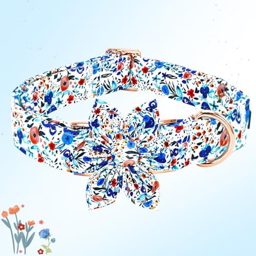 Dog Collar-Flower Print Adjustable Cute Pet Collar Soft Blue Floral Dog Collars with Flower Durable Cotton Metal Buckle Puppy Collar Gift for Medium Dogs