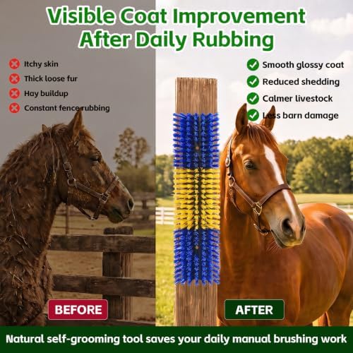 Livestock Scratch Brush for Cattle, Horses, Goats, Cow, Durable Scratching Brush, Massage Grooming Tool for Healthy Coat, Relieves Itching, Easy Install on Fence Posts(4pcs, Yellow)