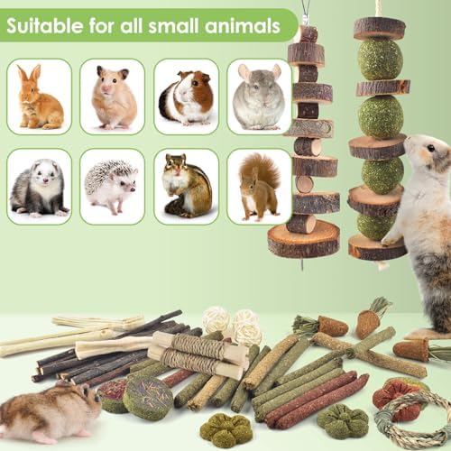 ERKOON 70PCS Rabbit Chew Toys, Natural Timothy Grass Cakes Guinea Pig Toys, Small Animal Teeth Grinding Treats for Bunny Hamster Chinchilla, Safe Dental Care Snacks