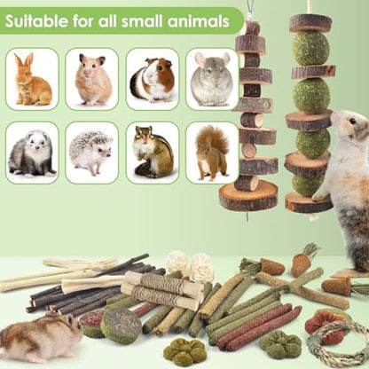 ERKOON 70PCS Rabbit Chew Toys, Natural Timothy Grass Cakes Guinea Pig Toys, Small Animal Teeth Grinding Treats for Bunny Hamster Chinchilla, Safe Dental Care Snacks