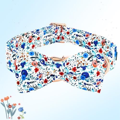 Dog Collar-Flower Print Adjustable Cute Pet Collar Soft Blue Floral Dog Collars with Bow Tie Durable Cotton Metal Buckle Puppy Collar Gift for Medium Dogs