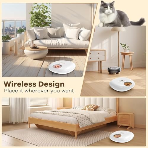 Automatic Cat Feeder Wireless, Sharper Image Auto Cat Food Dispenser for Dry Food with 4 Ice Packs, Rechargeable Auto Feeder for Cats and Dogs with Programmable Timer Low Battery Indicator, White
