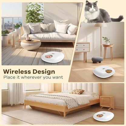 Automatic Cat Feeder Wireless, Sharper Image Auto Cat Food Dispenser for Dry Food with 4 Ice Packs, Rechargeable Auto Feeder for Cats and Dogs with Programmable Timer Low Battery Indicator, White