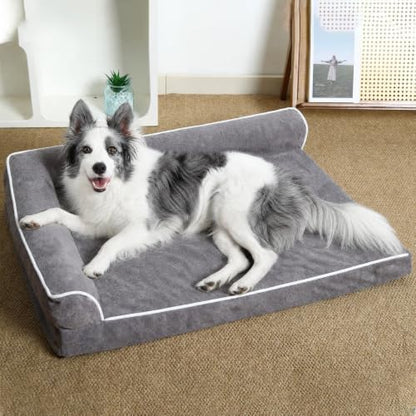 Orthopedic Dog Bed with Pillow L-Shape Dog Sofa for Large Medium Dogs, Dogs Couch with Removable Washable Cover, Pet Bed with Nonskid Bottom(Grey, XXX-Large(54x36in))