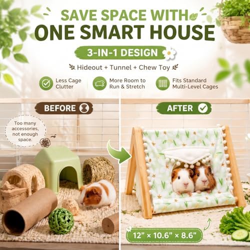Guinea Pig House, Bamboo Hideout with Window, Bottomless Cage Accessory