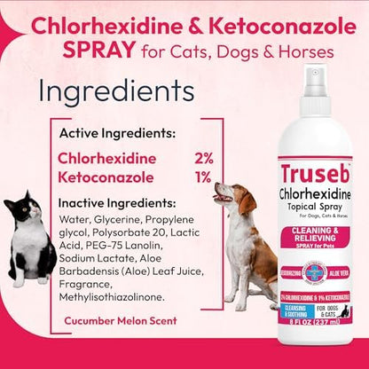 Truseb Advanced Strength Medicated Chlorhexidine for Dogs Cats Horses Skin Spray with Aloe Vera - Medicated Ketoconazole Spray for Skin Irritation, Hot Spots, Redne (Medicated Ketoconazole Spray, 8oz)
