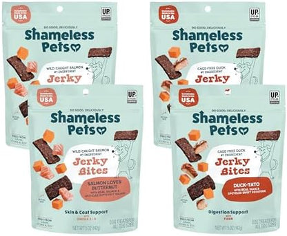 Shameless Pets Jerky Dog Treats, Variety 4-Pack – Healthy Chews with Salmon & Duck – Natural Dog Treats with Real Ingredients – Grain, Corn & Soy Free