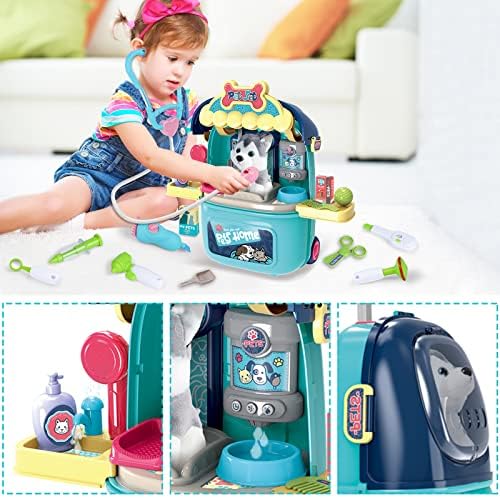 Magic4U Pet Care Carrier Suitcase Toy, 29 Pcs Veterinarian Playset for Kids