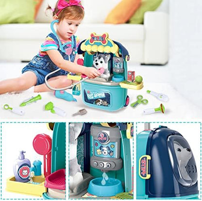 Magic4U Pet Care Carrier Suitcase Toy, 29 Pcs Veterinarian Playset for Kids