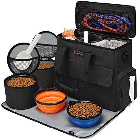 Modoker Weekend Dog Travel Bag Set with 2 Food Bags, 2 Bowls and Mat, Black