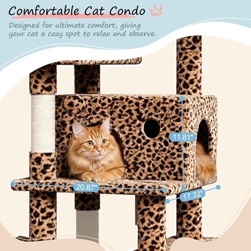 SHA CERLIN 82 inch, Multi-Level Cat Tree Tower for Indoor Cats, Cat Condo with Sisal Scratching Posts, Plush Perches, Hammocks, Toy Balls, Leopard Print
