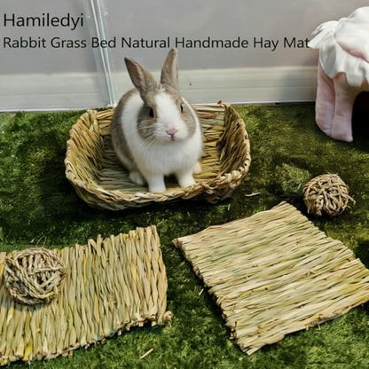 Hamiledyi Rabbit Grass Bed Natural Handmade Hay Mat Chew Balls for Drawf Rabbit Bunny Chinchilla Guinea Pig Ferret Hedgehog Rat