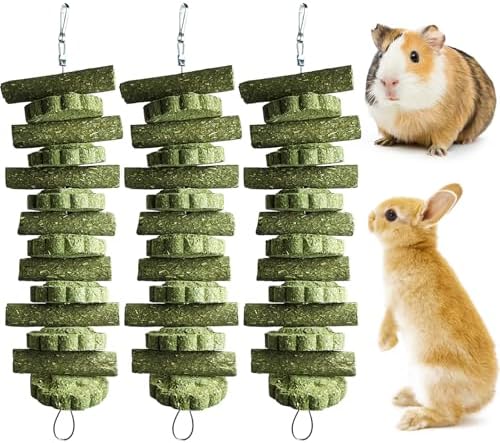 kathson 3Pcs Bunny Chew Toys Rabbit Chewing Toy for Teeth Hanging Grinding Chinchilla Treats Timothy Grass Cake Molar Balls for Guinea Pigs Hamsters Gerbils Rats Squirrels Playing Improve Pets Dental